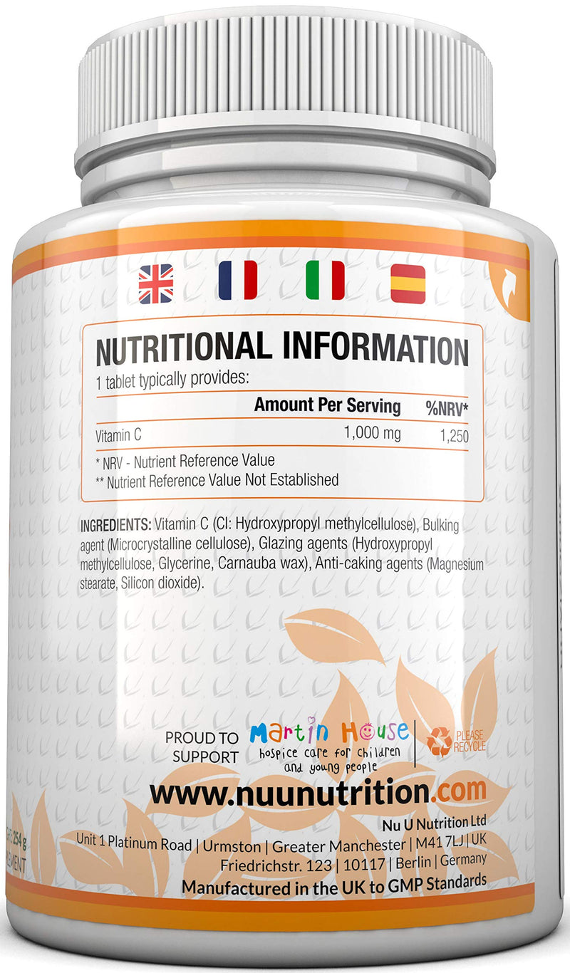 Vitamin C 1000mg | 180 Tablets (6 Month's Supply) | Ascorbic Acid, Suitable for Vegetarians & Vegans by Nu U Nutrition - BeesActive Australia