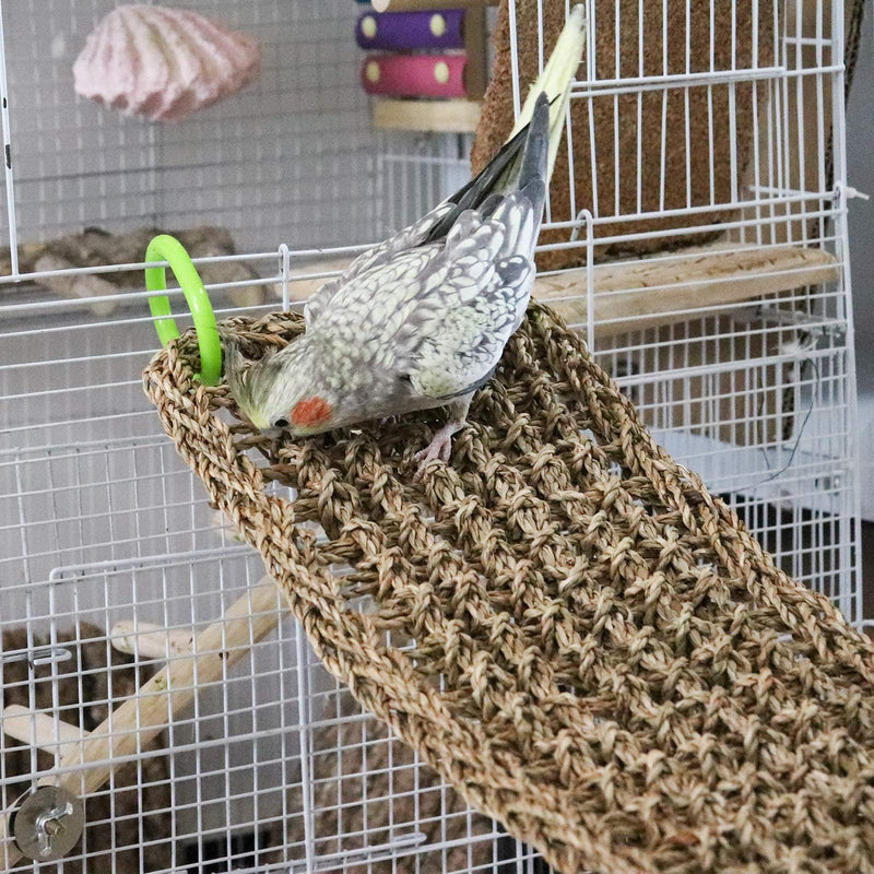 39 x 7 Inches Bird Seagrass Mat, Natural Seagrass Woven Net, Bird Hammock Mat with Hooks, Bird Cage Accessories, Climbing Rope Ladder Chew Toys for Cockatiel Hamster Guinea Pig Rats Hamster Parakeet - BeesActive Australia