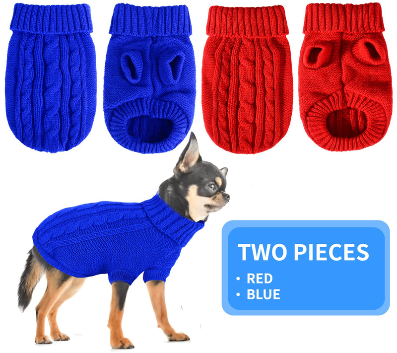 Set of 2 Dog Sweater for Small Dogs, Winter Warm Turtleneck Knitted Chihuahua Sweater, Girl Dog Clothes, Red Cute Pet Knitwear Sweaters Soft Puppy Cold Weather Outfits Doggie Cat Clothing XX-Small Blue+Red - BeesActive Australia