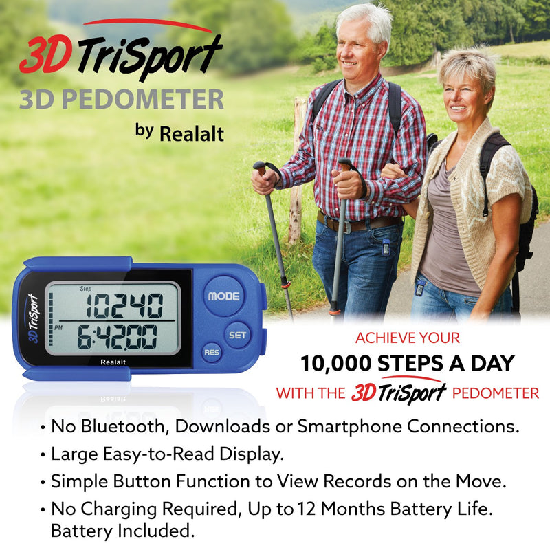 Realalt 3DTriSport Walking 3D Pedometer with Clip and Strap, Free eBook | 30 Days Memory, Accurate Step Counter, Walking Distance Miles/Km, Calorie Counter, Daily Target Monitor, Exercise Time. Blue - BeesActive Australia