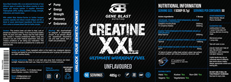 Gene Blast CREATINE XXL–Tri-Creatine Malate Plus Creatine Monohydrate w/Endurance & Pump Boosters to Amplify Strength-Muscle Pumps & Recovery 50 Servings (Unflavoured, 485G) Unflavoured 458 g (Pack of 1) - BeesActive Australia
