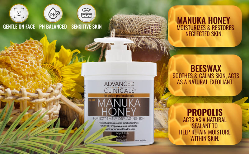 Advanced Clinicals Manuka Honey Cream Face Moisturizer & Body Butter Lotion For Dry Skin | Firming & Hydrating Miracle Balm Skin Care Moisturizing Lotion For Women, Wrinkles, & Sun Damaged Skin, 16Oz 16 Ounce (Pack of 1) Manuka Honey Body Cream - BeesActive Australia