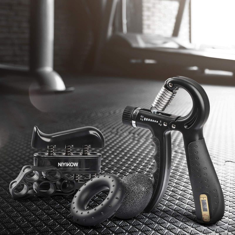 NIYIKOW Grip Strength Trainer Kit with Counter (5 Pack), Counting Grip Strength, Adjustable Hand Grip Strengthener, Finger Trainer, Finger Stretcher, Grip Ring & Stress Relief Grip Ball with Carry Bag Black - BeesActive Australia