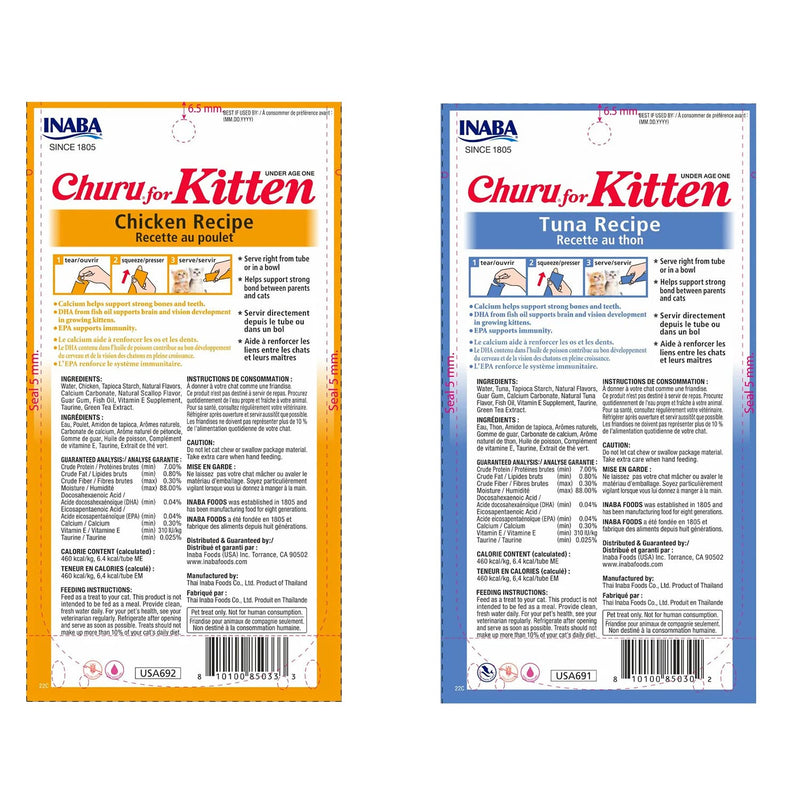 INABA Churu for Kitten, Functional, Creamy Lickable Purée Cat Treat for Kittens with Taurine & Vitamin E, 0.5 Ounces Each (Variety 6 Pack) (3) Chicken (3) Tuna - BeesActive Australia