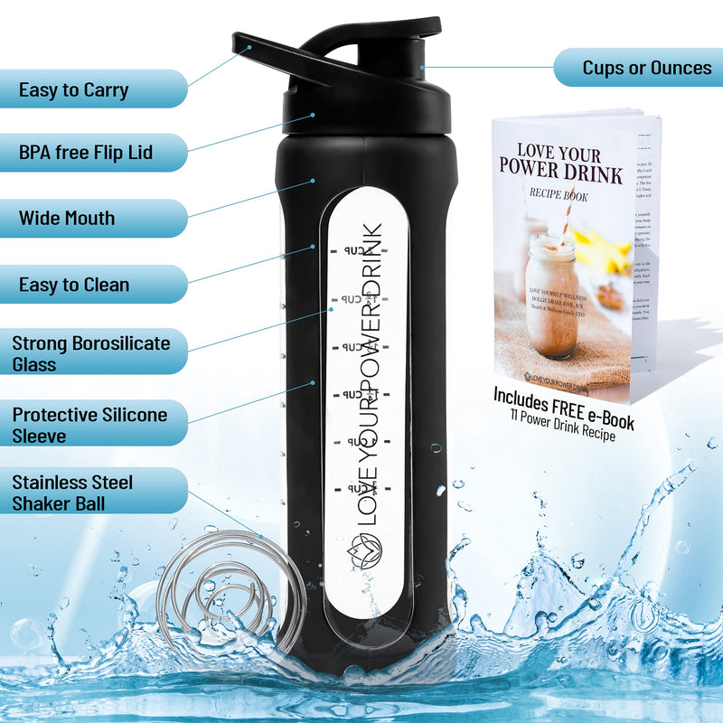 Love Yourself Wellness Glass Blender Bottle 20 oz Black for use as a Protein Powder Shaker Bottle or Smoothie Bottle Pre-Workout Power Drink Wide Mouth with measurements BPA Free Flip Lid-Leakproof Silicone Sleeve Sports Water or juice bottle. Includes... - BeesActive Australia