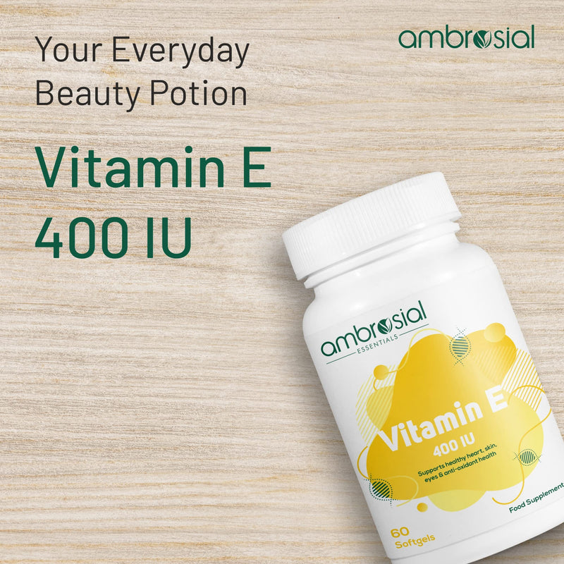 Ambrosial Vitamin E Capsules for Skin & Face VIT E 400 IU| Natural & Pure Vitamin E Oil Capsules |Highly Absorbable & High Strength| Hair Skin & Nail Vitamins for Women & Men (Pack of 1-60 Softgels) 60 count (Pack of 1) - BeesActive Australia