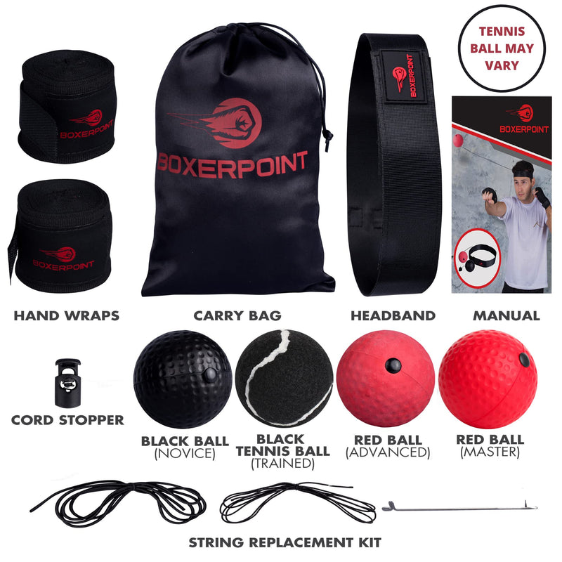 BOXERPOINT Boxing Reflex Ball for Adults and Kids - React Reflex Balls on String with Headband, Carry Bag and Hand Wraps - Improve Hand Eye Coordination, Punching Speed, Fight Reaction 4 Difficulty Level Balls - BeesActive Australia
