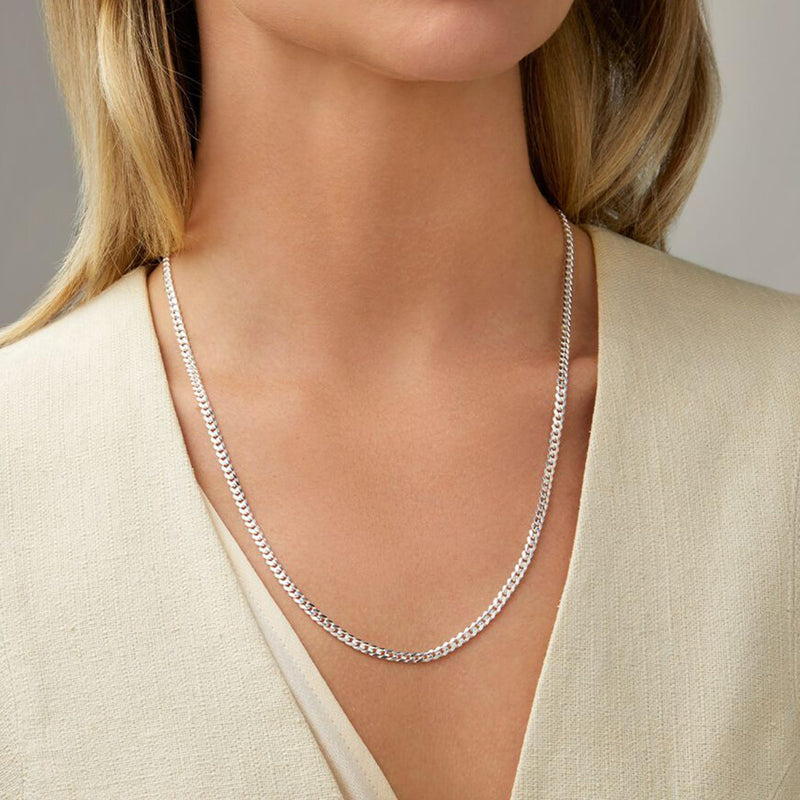 Mens Silver Chain, 3.5mm Curb Cuban Link Chain, Solid Diamond Cut Stainless Steel Necklace For Women, Italy Jewelry Available In 16-28 Inches 16 Inch(Women’s choker length) - BeesActive Australia