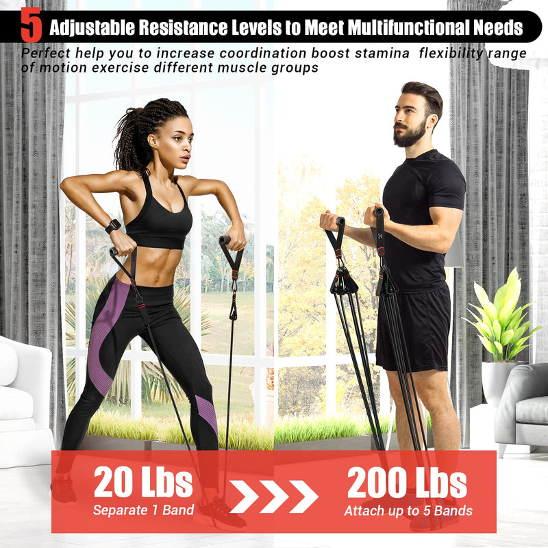 COFOF Resistance Bands Set with Handles, Exercise Bands Workout Bands Fitness Bands with Door Anchor, Legs Ankle Straps for Resistance Training，Physical Therapy，Home Gym Workout 200Lbs Black - BeesActive Australia
