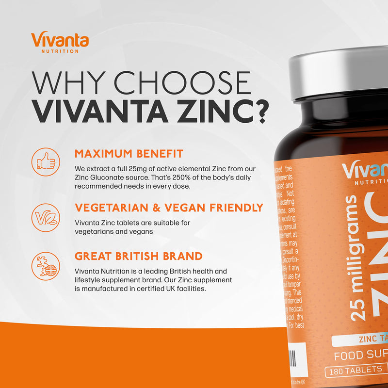 Zinc Tablets 25mg by Vivanta Nutrition - High Strength Zinc Supplement - 180 x Easy Swallow 25mg Elemental Zinc Tablets from Zinc Gluconate - BeesActive Australia