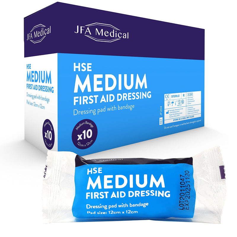 JFA Medical HSE Medium Sterile First Aid Wound Dressing Bandage with Pad 12 x 12cm - Pack of 10 Bandages 10 Count (Pack of 1) - BeesActive Australia