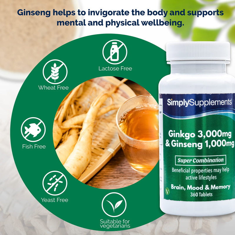 Ginseng & Ginkgo Biloba Tablets | Ultra High Strength Formula | Vegan & Vegetarian Friendly | Popular Supplement for Supporting Vitality and Mental Performance | 360 Tablets | Manufactured in The UK - BeesActive Australia