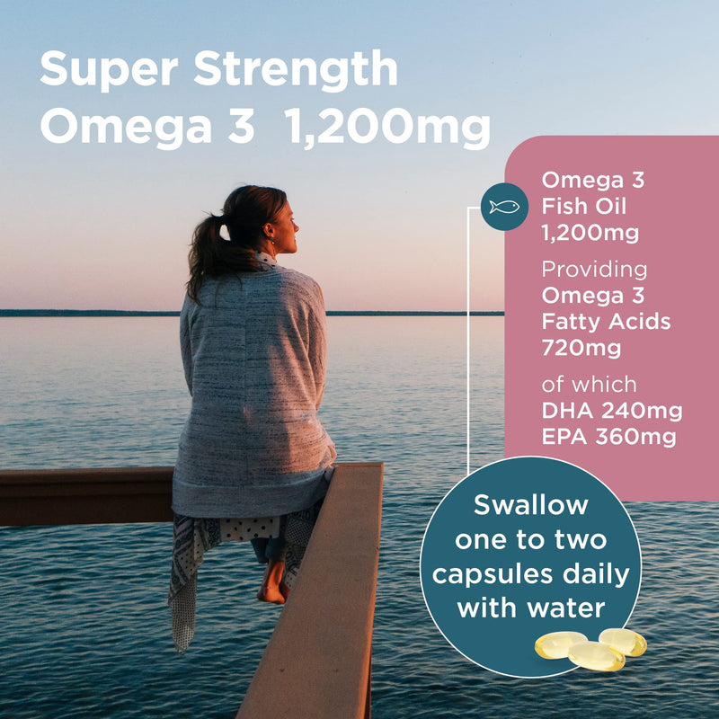 Healthspan Super Strength Omega 3 1,200mg (120 Capsules) | Brain, Heart & Eye Health | 240mg DHA & 360mg EPA per Capsule| Highly Purified to Remove Toxins | Sustainably Sourced Fish Oil 120 Count (Pack of 1) - BeesActive Australia