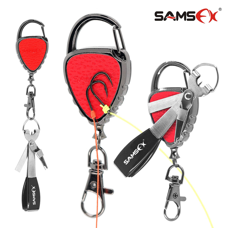 SAMSFX Quick Knot Tying Tool with Carabiner Zinger Retractor Fly Fishing Magnet Retractable Badge Holder and Multi-Tool Combo Metal Zinger with Magnet & Silver Knot Tool, Black Grip - BeesActive Australia
