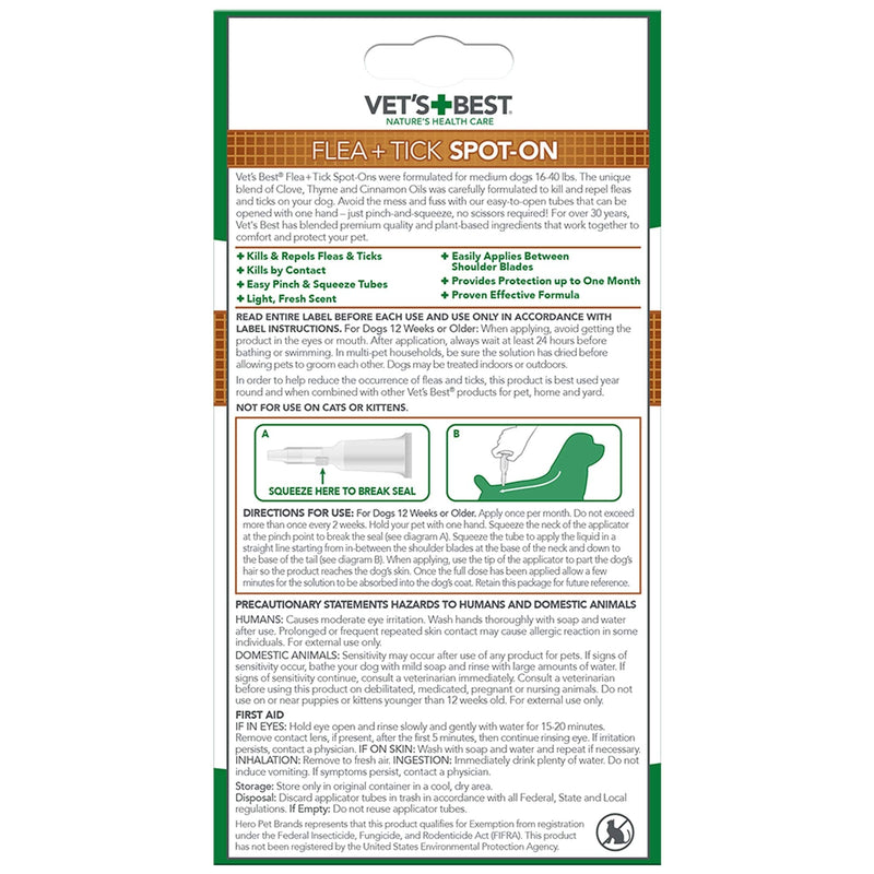 Vet's Best Topical Flea & Tick Treatment for Dogs 16-40lbs, 4 Month Supply - BeesActive Australia