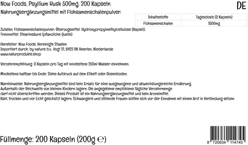 Now Foods, Psyllium Husks, 500mg, 200 Vegan Capsules, Lab-Tested, SOYA Free, Gluten Free, Vegetarian, Non-GMO - BeesActive Australia