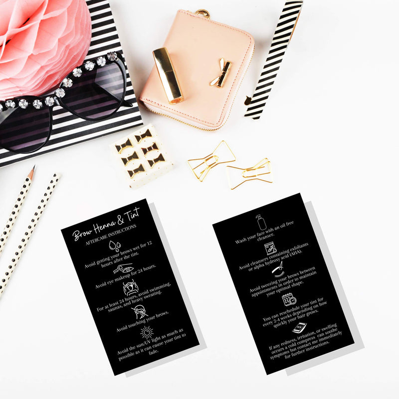 Brow Henna and Tint Aftercare Instruction Cards | 50 Pack | Physical Printed 2 x 3.5” inches Business Card Size | Starter Lift Kit with Tint at home diy supplies | Black with White Icon Design - BeesActive Australia