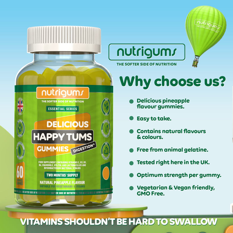 Happy TUMS (Probiotics) 60 Vegan Gummies Pineapple Flavour | Gut & Digestive Health 1.25 Billion CFU Probiotics, Vitamins C, B3, B5, B6, Chamomile and Xylitol | Adults + Kids Age 5+ by NUTRIGUMS� - BeesActive Australia
