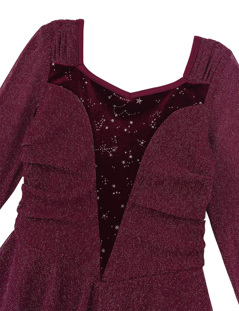 [AUSTRALIA] - YOOJIA Kids Girls Shiny Long Sleeves Splice Figure Ice Skating Leotard Dress Ballet Dance Gymnastics Activewear Burgundy 14 