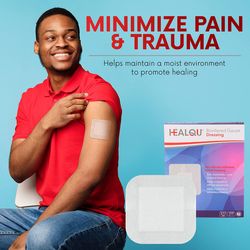 HEALQU Bordered Gauze Island Dressing - 30 Count, 4" x 4" Sterile Individually Wrapped Gauze Pads with Water-Resistant, Non-Woven Backing - Soft and Breathable Wound Dressing for First Aid and Medical 4x4" (2.5x2.5" pad) Box of 30 - BeesActive Australia
