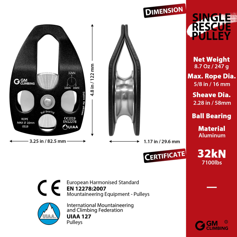 GM CLIMBING 32kN UIAA Certified Large Rescue Pulley Single/Double Sheave with Swing Plate CE/UIAA Single Pulley - Black - BeesActive Australia