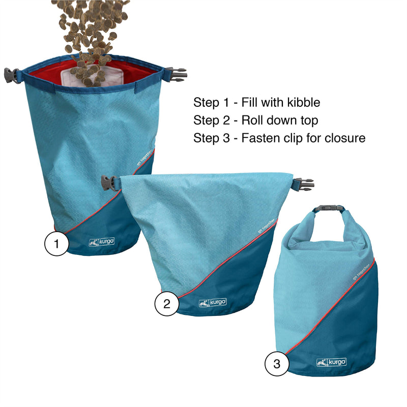 Kurgo Kibble Carrier for Dogs, Dog Food Travel Bag, Pet Travel Food Storage Container, Dog Accessories for Camping, BPA Free, Foldable, Holds 5 Pounds, Coastal Blue and Red - BeesActive Australia