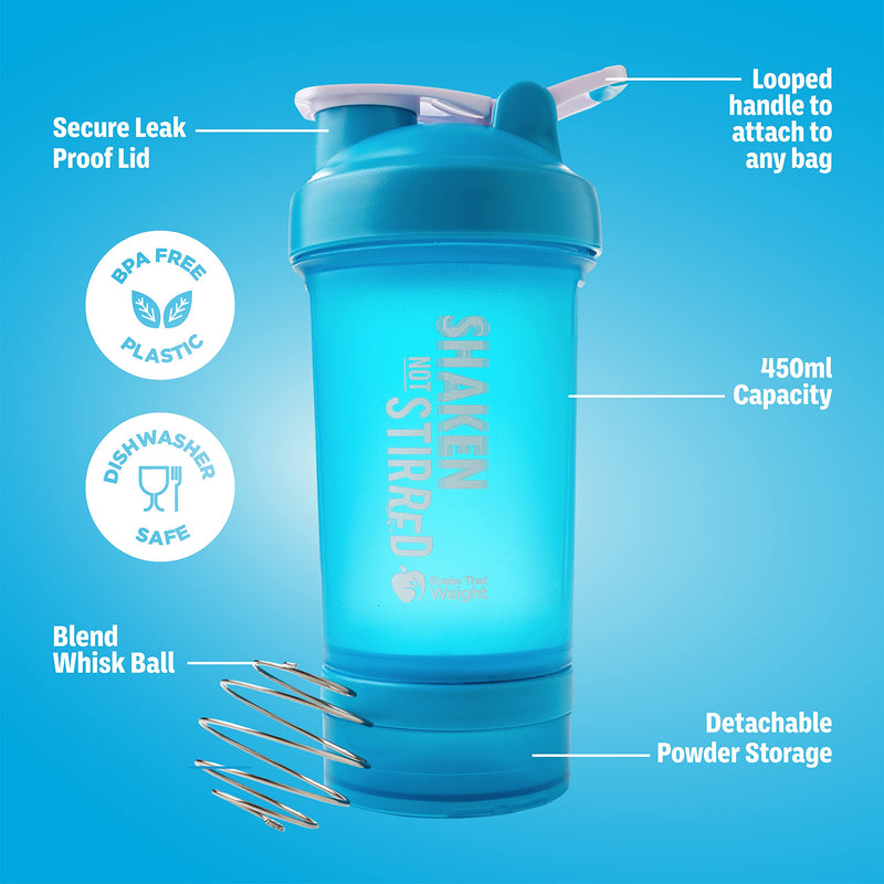 Shake That Weight 450ml Protein Shaker - Blue - With Storage Attachment For Protein and Diet Shake Powder, Wire Ball Mixer, Bag Attachment Loop - BeesActive Australia