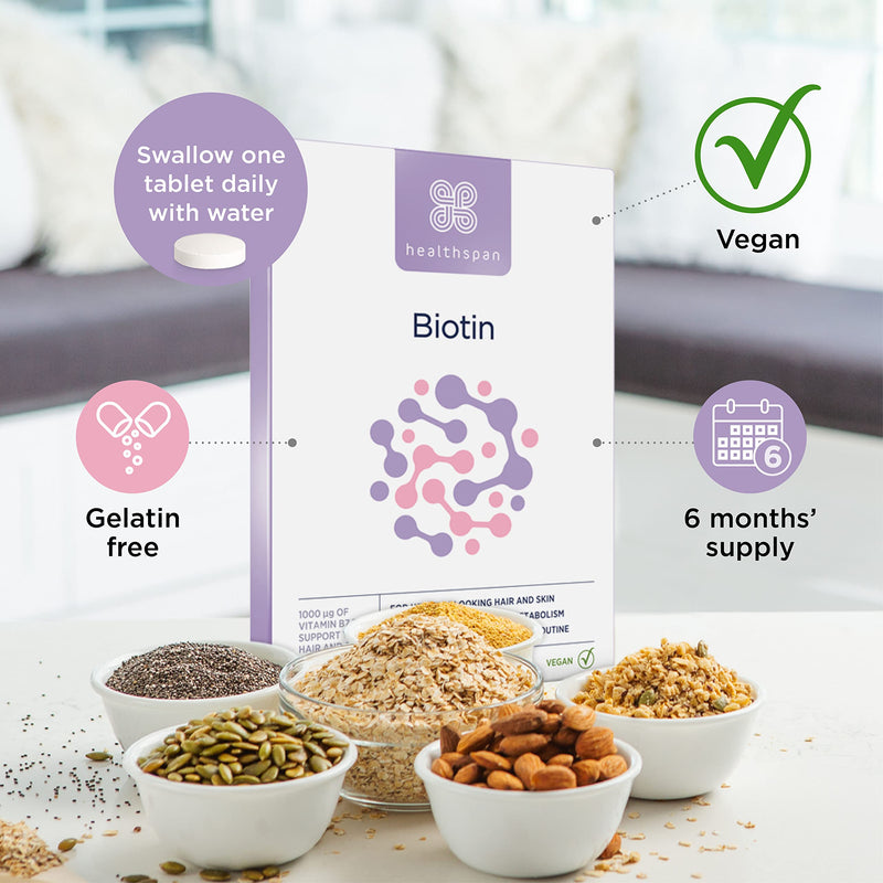 Healthspan Biotin 1,000?g (6 Months Supply) | Vitamin B for Healthy Hair & Skin | Supports Macronutrient Metabolism | One-a-Day Tablets | Vegan - BeesActive Australia