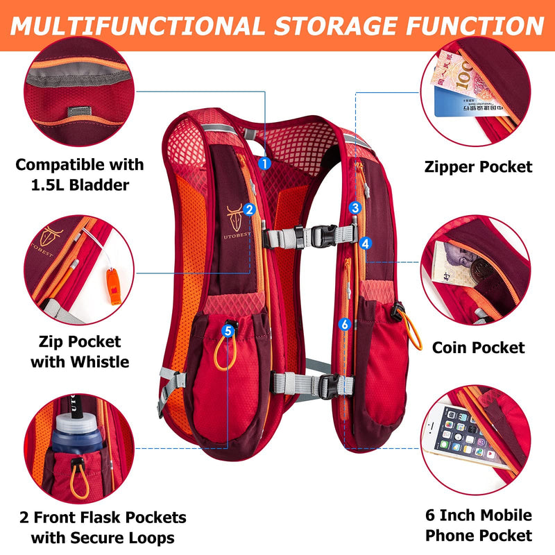UTOBEST Hydration Running Vest for Men Women Hydration Pack 5L Lightweight Water Backpack for Trail Running Race Hiking Red Vest 5L - Only Vest - BeesActive Australia
