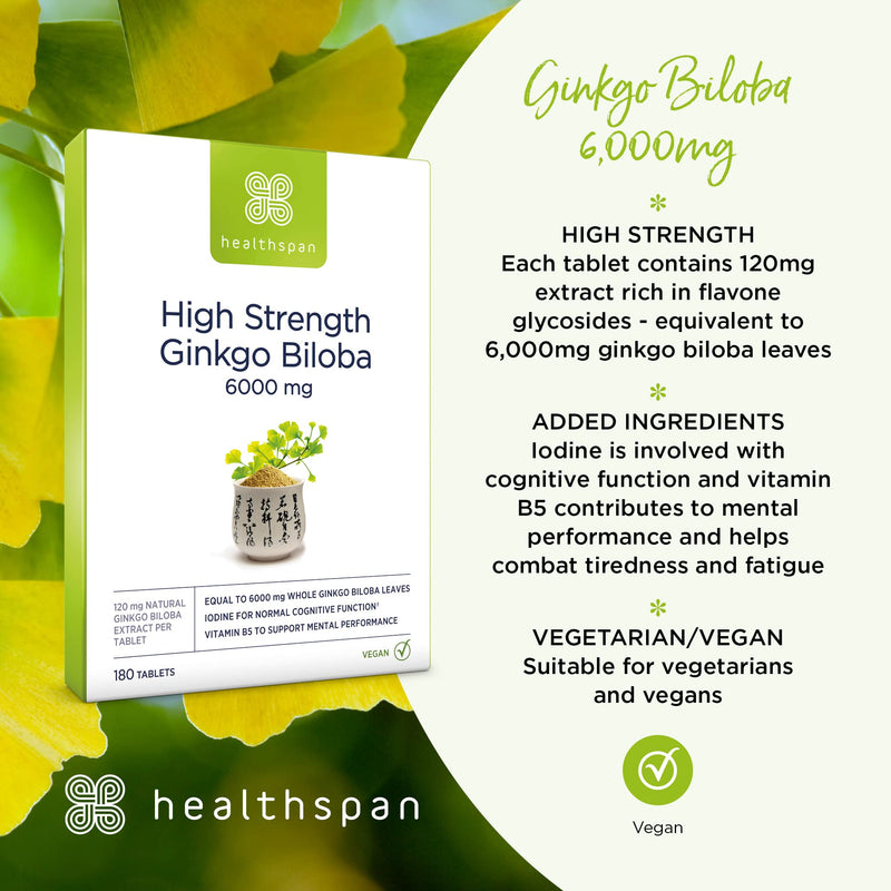 Healthspan Ginkgo Biloba 6,000mg | High Strength | 180 Tablets | Iodine | Vitamin B5 | Flavone Glycosides | Vegan - BeesActive Australia