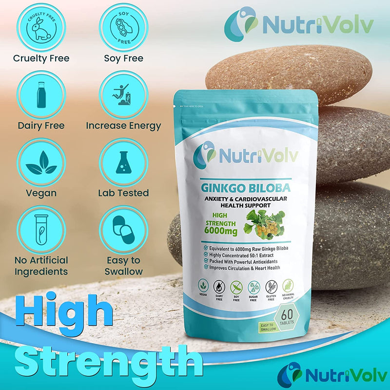 Ginkgo Biloba 6000mg Supplements Helps Promote Healthy Memory & Cognitive Function Blood Circulation, Heart, Memory, Focus & Anxiety | 60 Tablets - BeesActive Australia