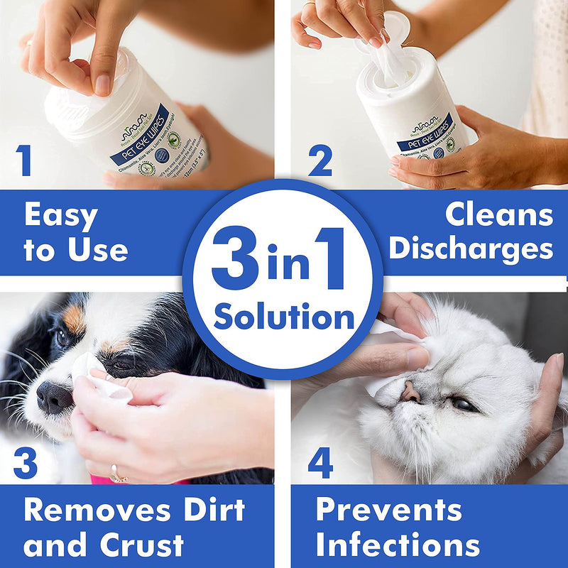 Arava Pet Eye Wipes - for Dogs Cats Puppies & Kittens - 100 Count - Natural and Aromatherapy Medicated - Removes Dirt Crust and Discharge - Prevents Tear Stain Infections & Irritations - Soft & Gentle - BeesActive Australia