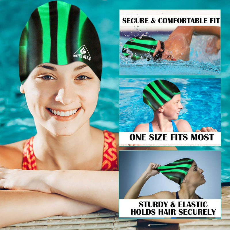 Water Gear Silicone Adult Swim Cap - Flexible Unisex Waterproof - Great for Short and Long Hair - Improve Your Performance - Women Men and Teens -Triathlon Swimmers and Athletes GREEN/BLACK - BeesActive Australia