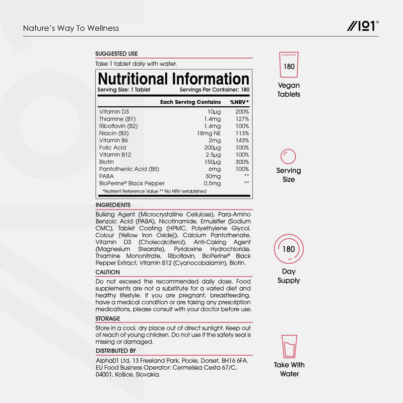 Vitamin B Complex & D3 with BioPerine� - B1,B2,B3,B5,B6,B12 & D3 - No Additives - Non-GMO, Gluten Free - 180 Vegan Tablets 1 count (Pack of 180) - BeesActive Australia