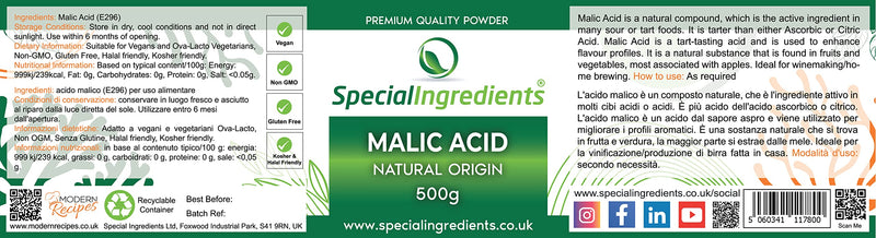 Special Ingredients Malic Acid Powder 500g Premium Quality - Vegan, Non-GMO - Recyclable Container 500 g (Pack of 1) - BeesActive Australia
