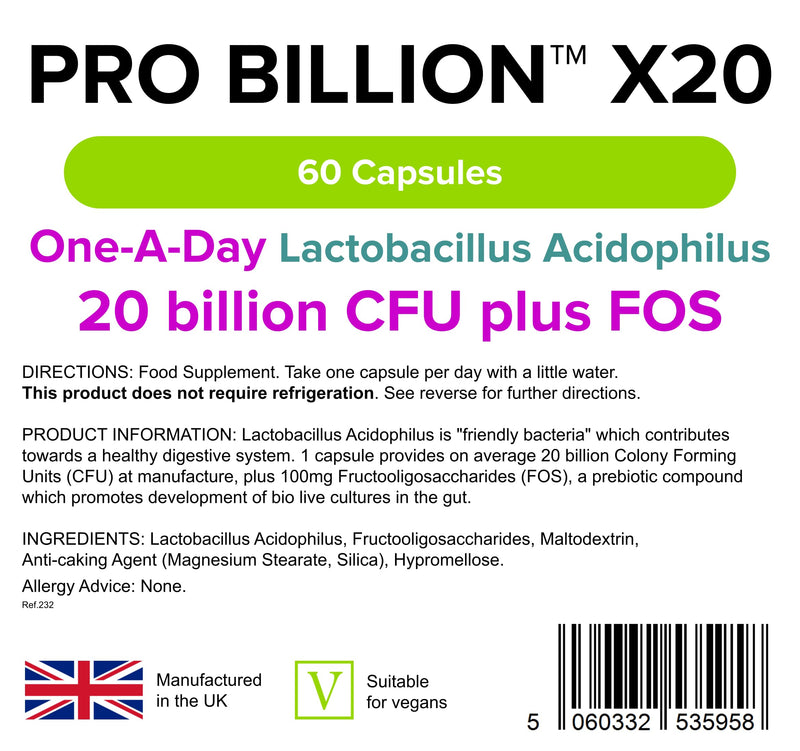 Lindens Pro Billion X20 20 Billion Cfu Ultra High Strength Capsules - 60 Pack - Ultra High Potency Lactobacillus Acidophilus Supporting Digestion - UK Manufacturer, Letterbox Friendly - BeesActive Australia