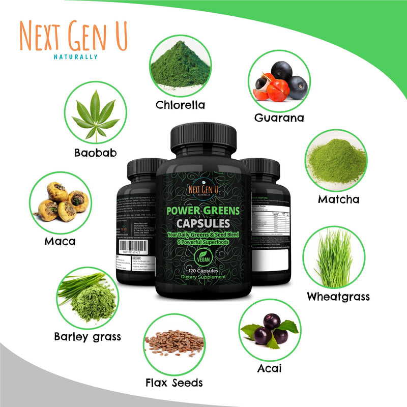 NGU Super Greens Immune System Support 500 mg 120 Vegan Capsules Contains Mixed Superfoods for Daily Booster Healthy Keto Blend w/ Acai, Wheatgrass, Guarana, Chlorella, Flaxseed, Matcha, Maca - BeesActive Australia