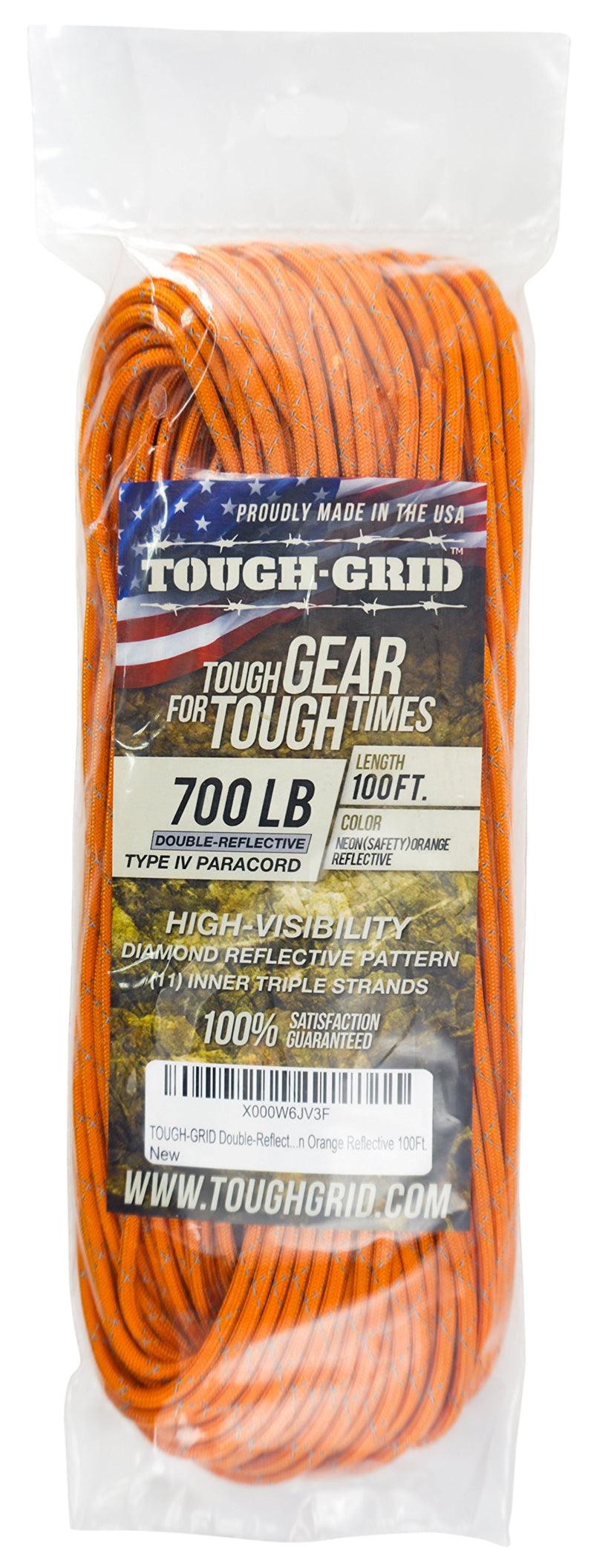 [AUSTRALIA] - TOUGH-GRID New 700lb Double-Reflective Paracord/Parachute Cord - 2 Vibrant Retro-Reflective Strands for The Ultimate High-Visibility Cord - 100% Nylon - Made in USA. Neon (Safety) Orange Reflective 100Ft. (COILED IN BAG) 