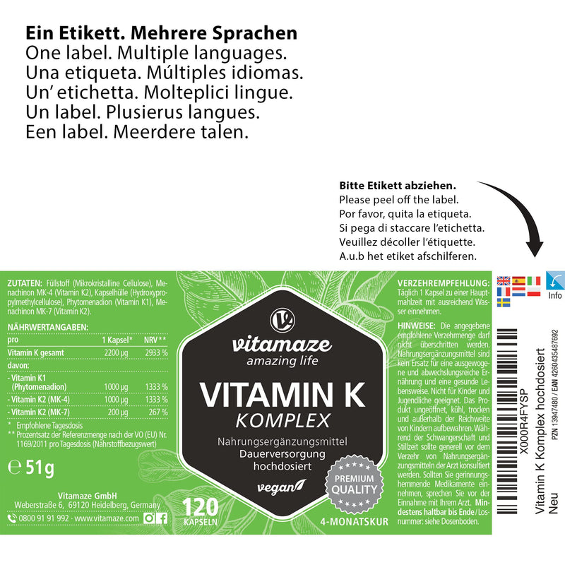 Vitamin K Complex K1 and K2 Menaquinone - High Strength (K1 1.000 mcg MK4 + K2 200 mcg MK7) - 120 Vegan Capsules for 4 Months - Best Bioavailability Supplement - Without Additives- Vitamaze Vitamin K Complex - BeesActive Australia