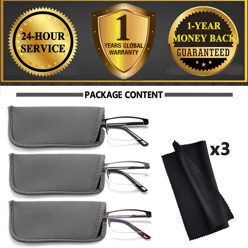 JJWELL 3 Pack Blue Light Reading Glasses for Men, Lightweight Metal Rectangle Semi Rimless Readers for Men, Anti Eyestrain/Computer Glare/UV, Half Frame Spring Hinge Eyeglasses with Pouches Black Gunmetal Brown 1.5 x - BeesActive Australia