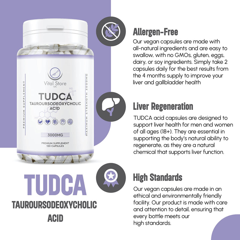 TUDCA 3000mg - 120 Vegan Capsules (4 Month Supply) - Tauroursodeoxycholic Acid High Strength Supplement - Liver Support/Detox & Cleanse/Digestive Health - BeesActive Australia