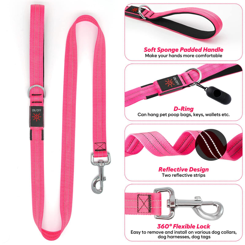 KOSKILL 4 Ft Led Dog Leash, Rechargeable Light Up Dog Leash Waterproof, Safety Glow in The Dark Dog Leash for Night Walking, Nylon Reflective Leashes with Padded Handle for Small Medium Large Pets Pink - BeesActive Australia