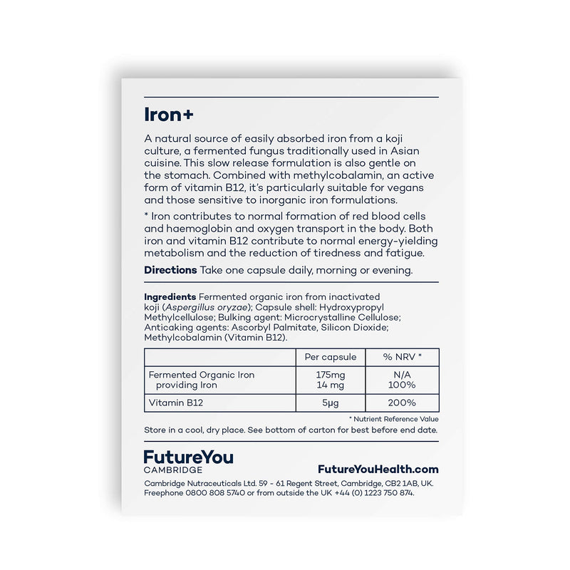 Iron+ with Koji Fermented Iron and Vitamin B12-28 Day Supply - Vegan Suitable Supplement - Developed by FutureYou Cambridge, UK - BeesActive Australia