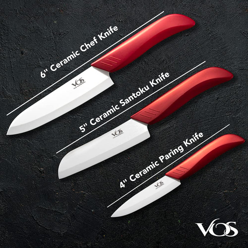 Vos Ceramic Knife Set, Ceramic Knives Set For Kitchen, Ceramic Kitchen Knives With Covers, Ceramic Paring Knife 4", 5", 6" Inch Red 3 Pcs - BeesActive Australia