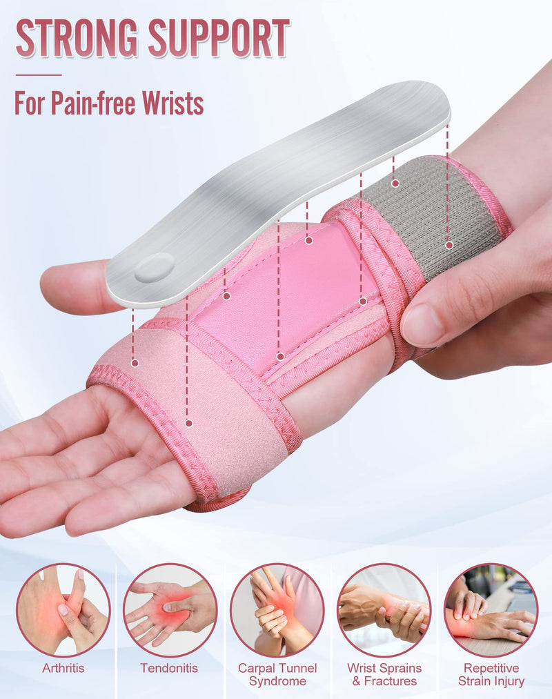 SUEH DESIGN Carpal Tunnel Wrist Brace Night Support, Adjustable Wrist Wrap for Tendonitis Arthritis and Workout Pains Relief, Wrist Splint for Right Hand, Pink - BeesActive Australia