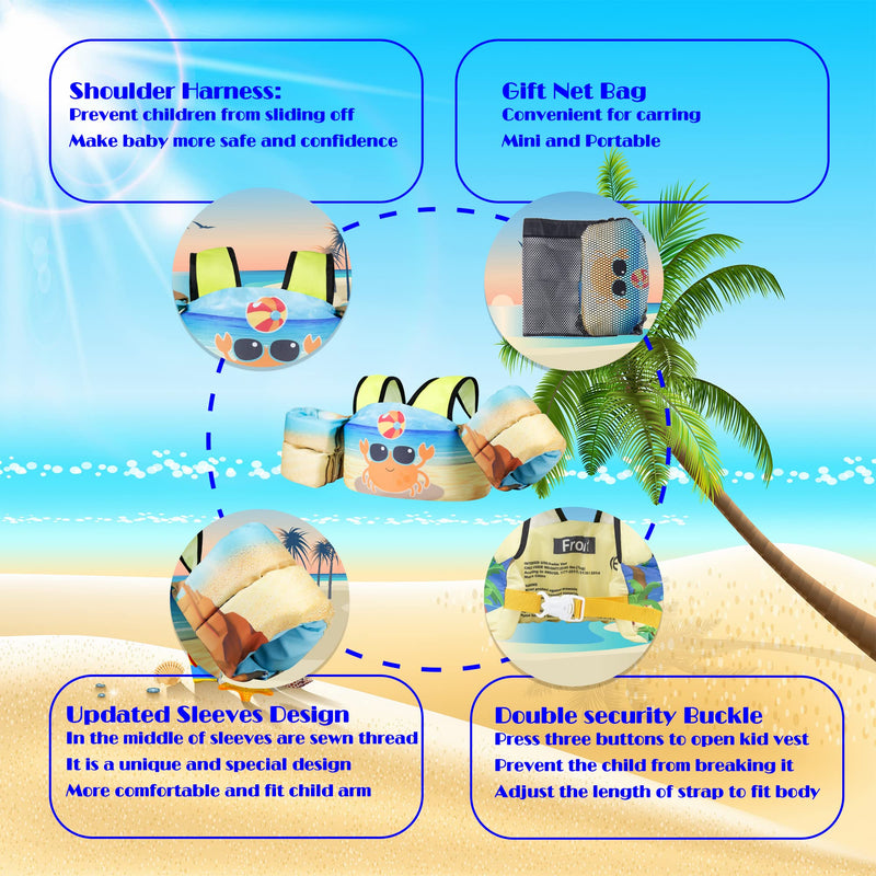 Elejolie Kid Swim Vest for Child Learn Swiming Training,Infant Safety Swim Aid Jacket for Toddler 2 3 4 5 6 Years Old ,Arm Wings for Baby 22-66lbs B-Crab - BeesActive Australia