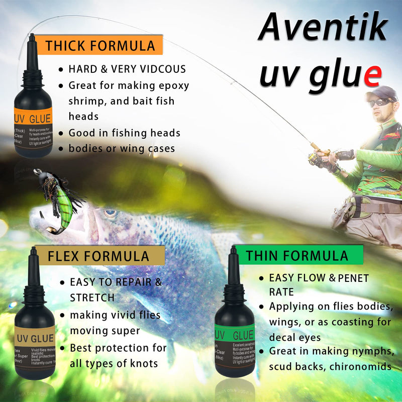 Riverruns UV Clear Glue Three Formula Thick,Thin and Super Flew +12 LED UV Power Light Fly Tying for Building Flies Flies Heads Bodies and Wings Tack Free UV glue combo - BeesActive Australia