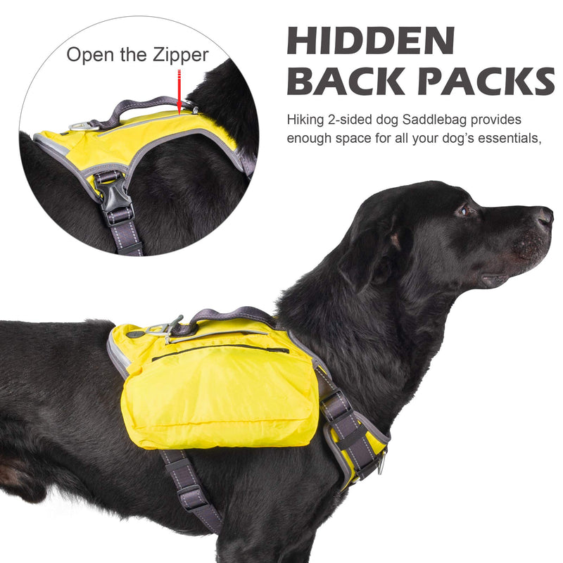 Fida Dog Harness Heavy Duty Dog Pack Hound Dog Saddle Bag Backpack for Travel Camping Hiking Small Medium & Large Dog with 2 Hidden Side Pockets Small (Neck:14"-18";Chest:20"-22.5") Yellow - BeesActive Australia
