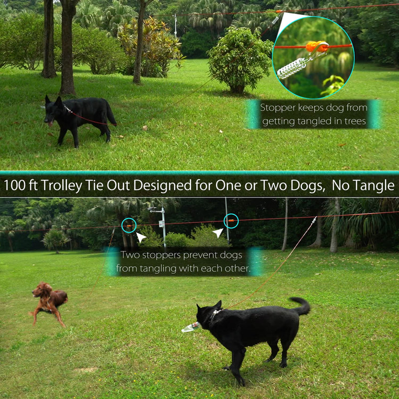 100ft Heavy Dog Tie Out Trolley System for Two Dogs - 10 ft Strong Dog Runner Cable for Yard Camping - Durable Dog Zipline Tie Out for Large Medium Small Dogs Up to 250 lbs 100 ft for two dogs up to 250 lbs Red - BeesActive Australia
