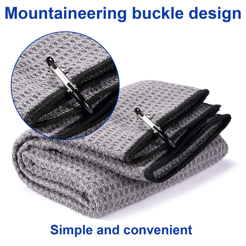 Fpxnb 2 Pack Tri-fold Golf Towel Set, Microfiber Fabric Waffle Pattern Towels, Heavy Duty Carabiner Clip (2 Pcs, 2 Colors) 1: All Black + Grey (Black Edge) - BeesActive Australia